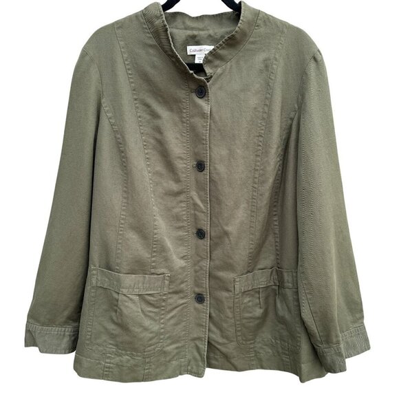 Coldwater Creek Olive Green Womens Army Military Mandarin Collar Linen Jacket 18 - Picture 1 of 11